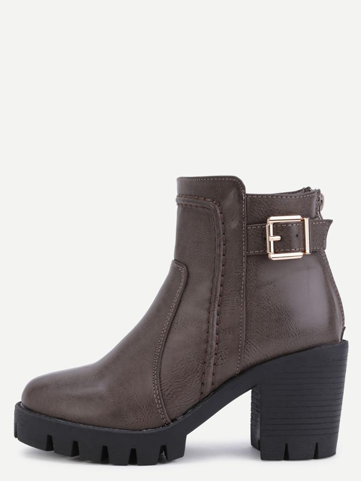 Shein Khaki Distressed Pu Buckle Strap Zipper Chunky Boots