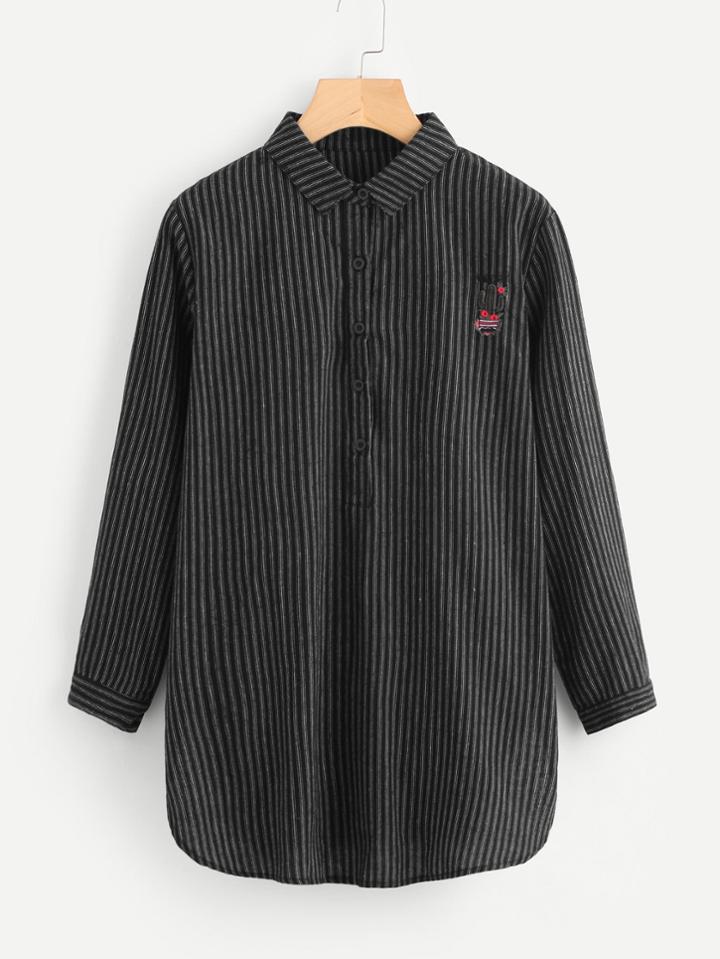 Shein Cactus Embroidery Striped Longline Blouse