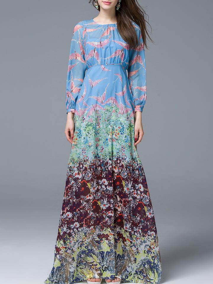 Shein Multicolor Crew Neck Print Maxi Dress