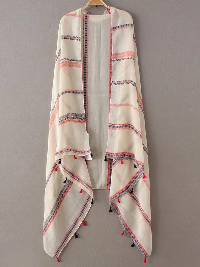 Shein Beige Stripe Tassel Asymmetric Scarf
