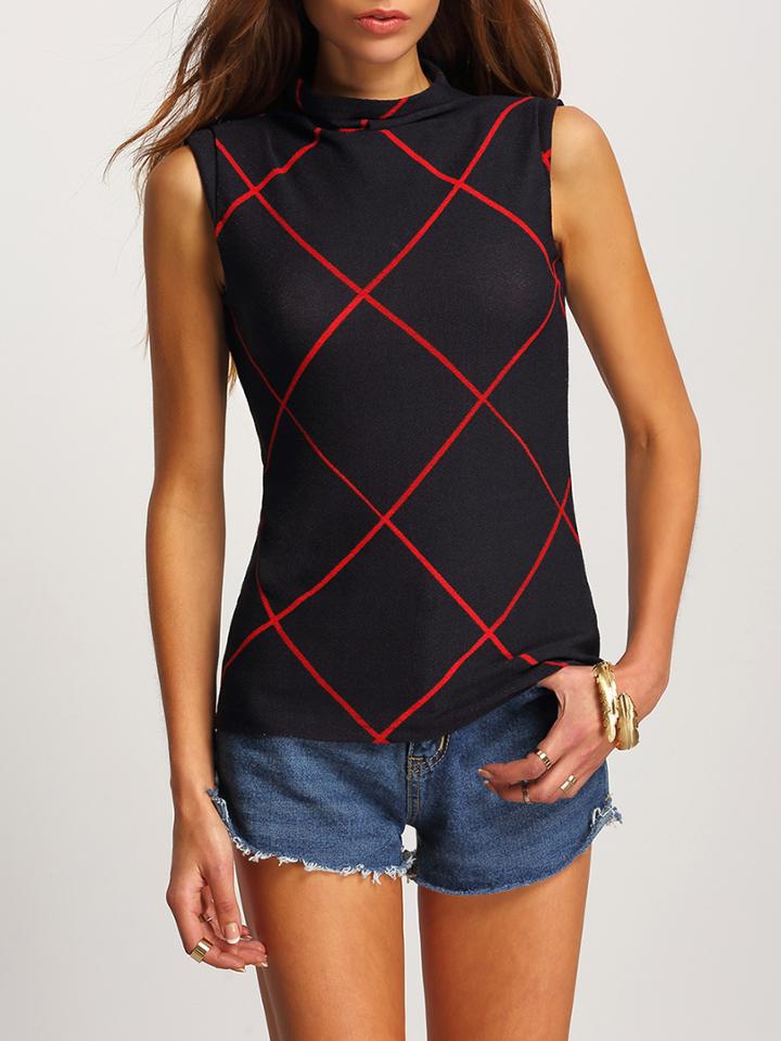 Shein Navy Stand Collar Sleeveless Diamondback Print Blouse