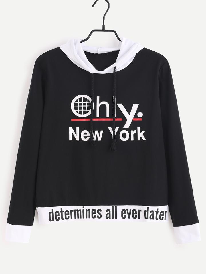 Shein Black Contrast Trim Letter Print Hooded Sweatshirt