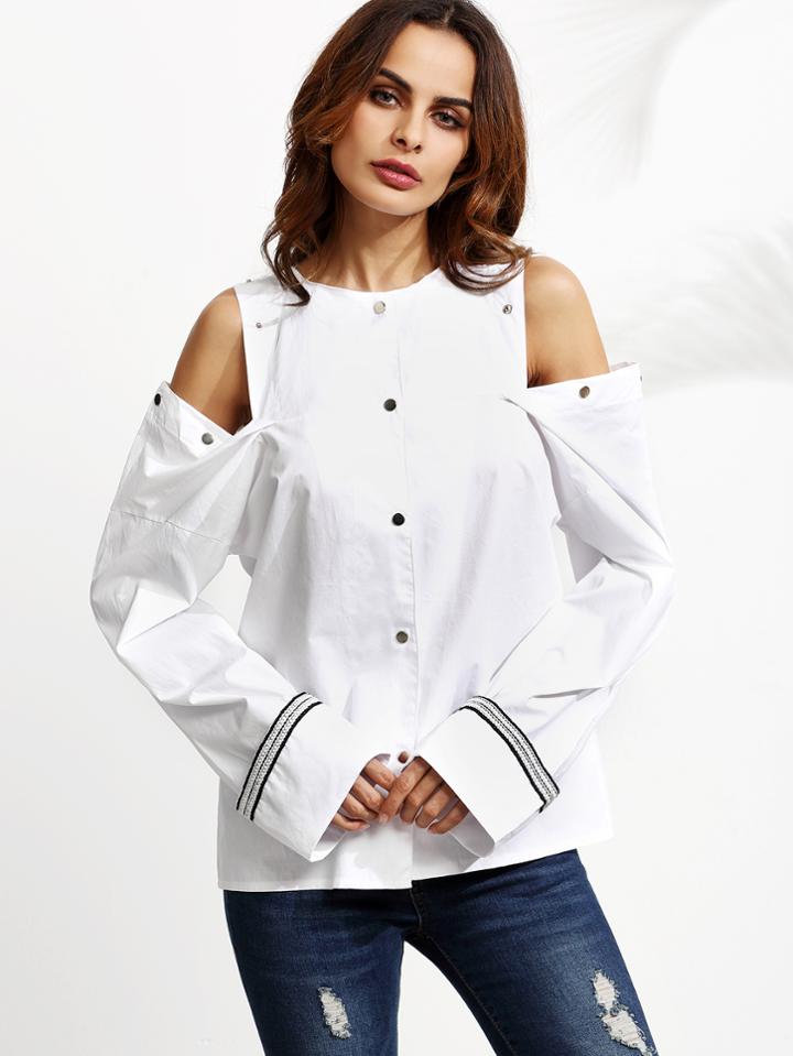 Shein White Open Shoulder Snap Button Embroidered Blouse