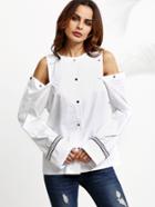 Shein White Open Shoulder Snap Button Embroidered Blouse
