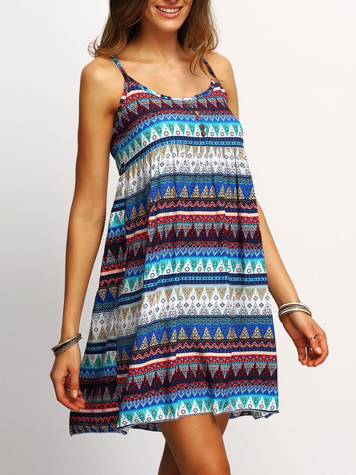 Shein Zig-zag Tribal Print Blue Cami Dress