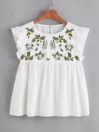 Shein Flower Embroidered Buttoned Keyhole Ruffle Babydoll Top