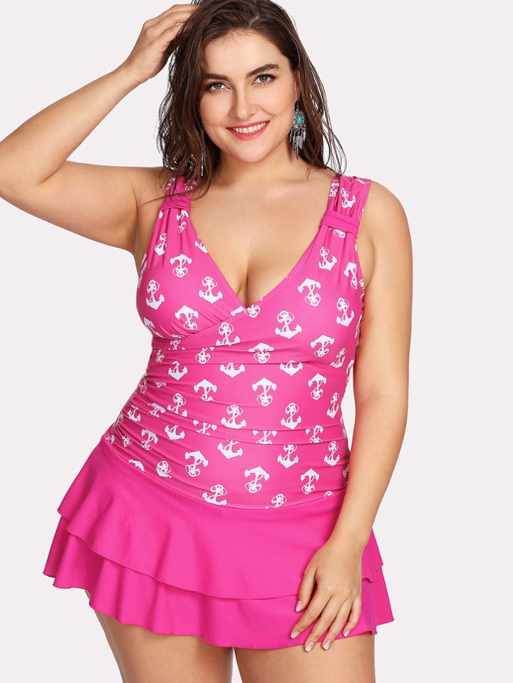 Shein Anchor Print Wrap Swim Dress With Shorts Attached
