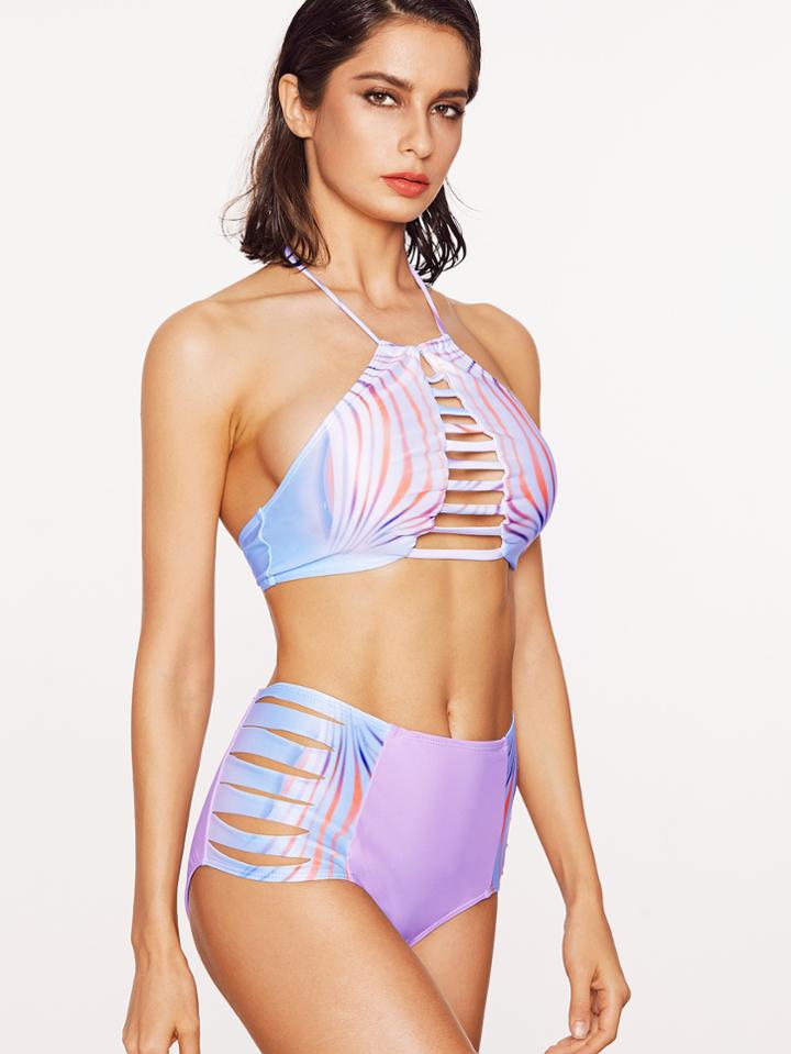 Shein Print Ladder Cutout High Waist Bikini Set