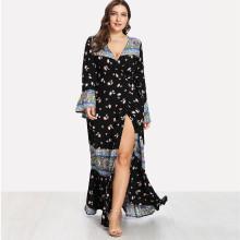 Shein Plus Deep V Neckline Fluted Sleeve Floral Print Dress