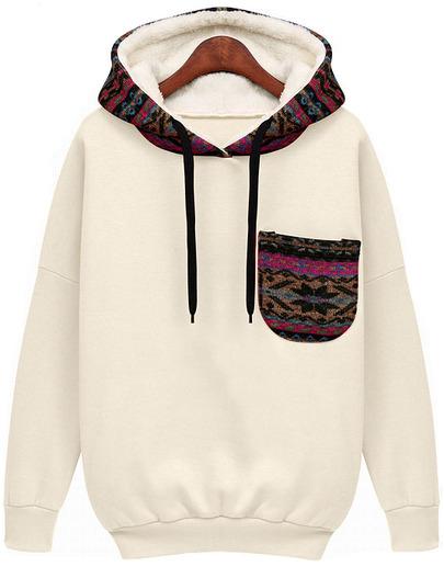 Shein White Hooded Long Sleeve Patterned Pocket Sweatshirt