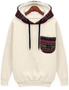 Shein White Hooded Long Sleeve Patterned Pocket Sweatshirt