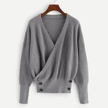 Shein Solid Button Decorated V Neck Jumper