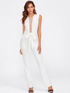 Shein Mesh Insert Self Belted Tailored Jumpsuit