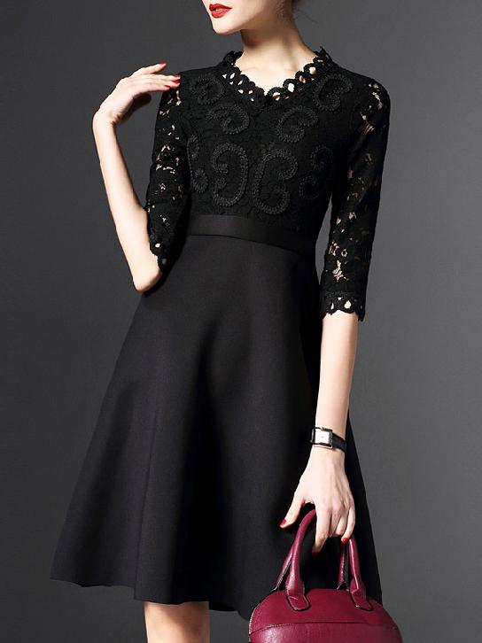 Shein Black V Neck Contrast Lace A-line Dress