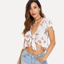 Shein Tie Front Floral Print Ruffle Hem Blouse