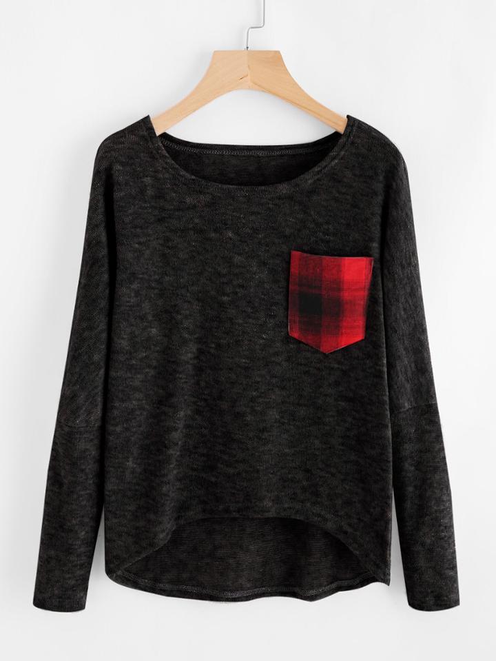 Shein Contrast Pocket Dip Hem Slub Sweater
