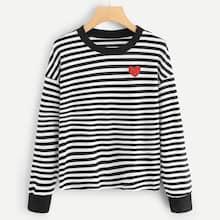 Shein Heart Embroidery Striped Tee