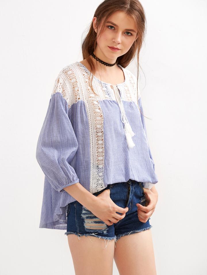 Shein Blue Striped Tie Neck Lace Insert Blouse