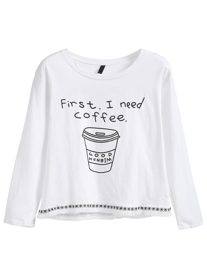 Shein Coffee Print Embroidered Tape Detail Fringe Hem T-shirt