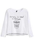 Shein Coffee Print Embroidered Tape Detail Fringe Hem T-shirt