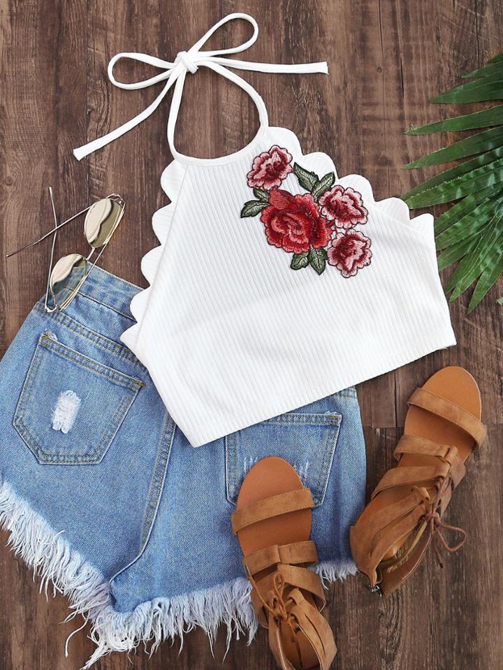Shein Embroidered Flower Applique Scallop Edge Ribbed Halter Top
