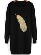 Shein Black Round Neck Feather Pattern Sweater