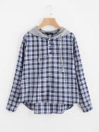 Shein Dip Hem Check Blouse With Jersey Hood