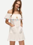 Shein White Off The Shoulder Pocket Tassel Shift Dress