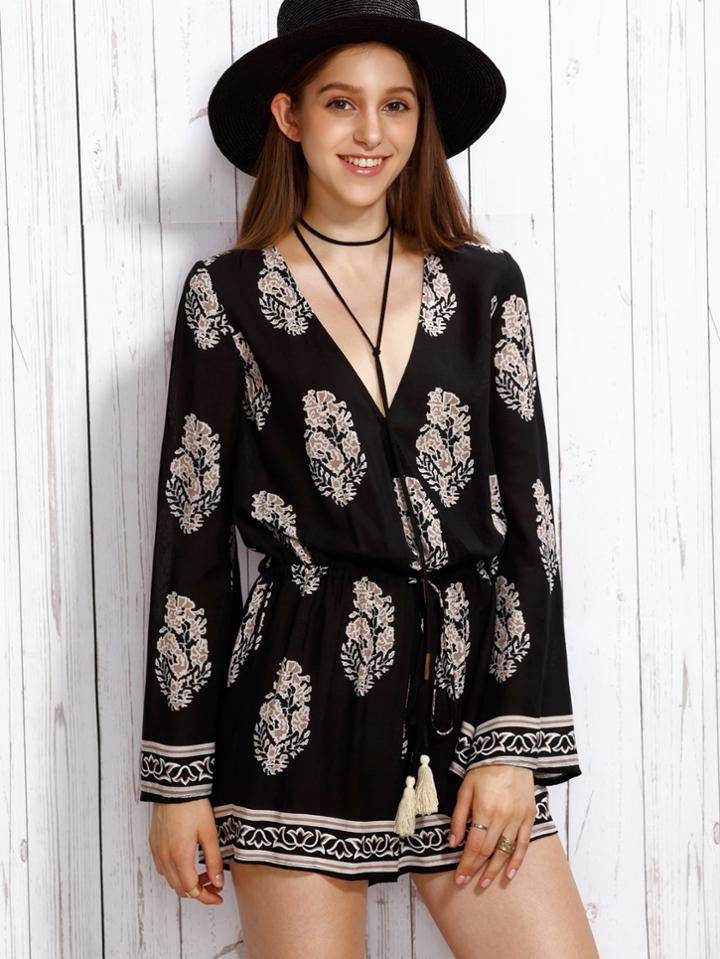 Shein Print In Black V Neck Long Sleeve Jumpsuit