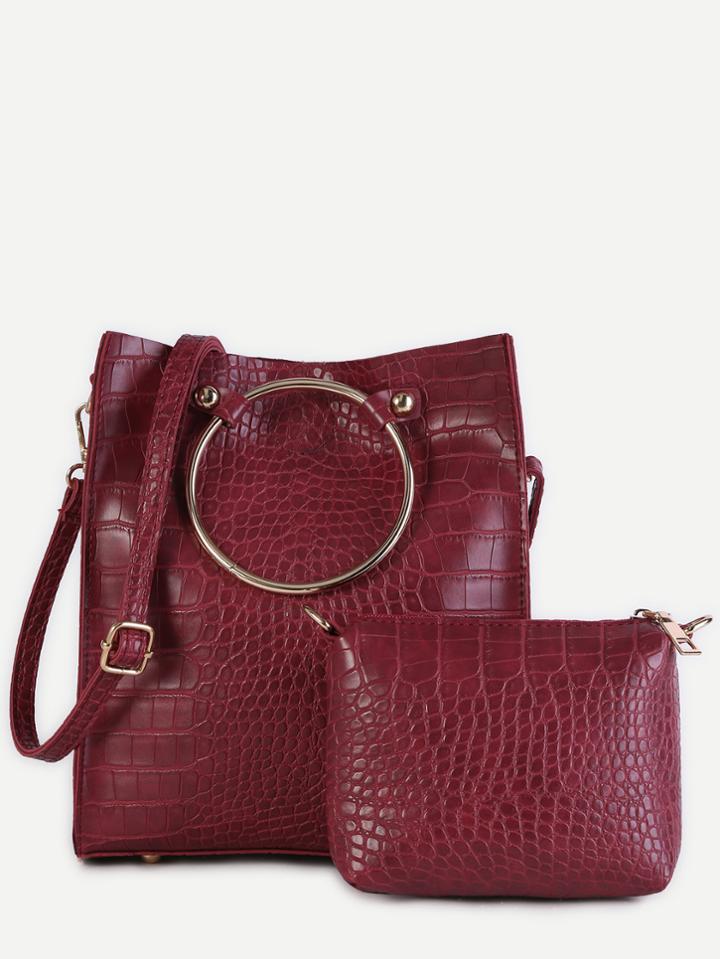 Shein Burgundy Crocodile Embossed Pu Metal Ring Shoulder Bag Set