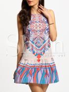 Shein Multicolor Vintage Print Flounce Hem Shift Dress