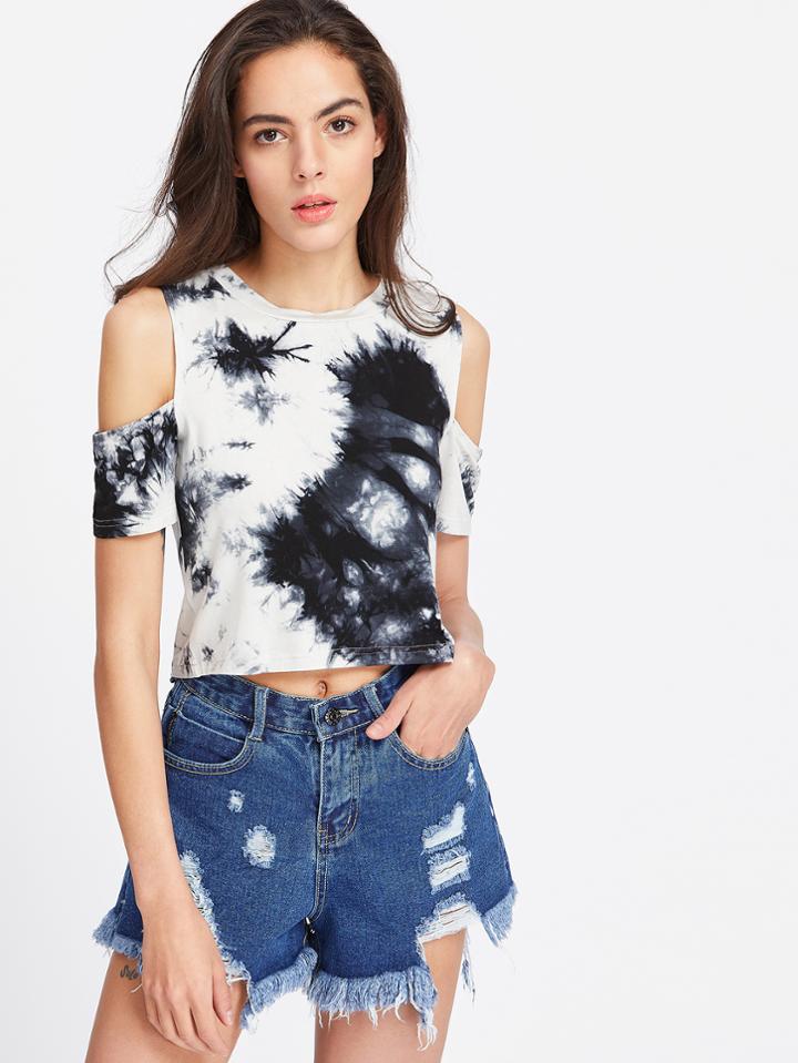 Shein Tie Dye Open Shoulder Crop T-shirt
