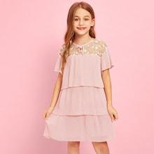 Shein Girls Lace Mesh Insert Tiered Layer Pleated Dress