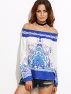 Shein Blue Paisley Print Smocked Off The Shoulder Top