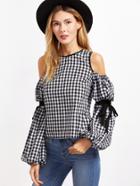 Shein Black And White Gingham Open Shoulder Bishop Sleeve Top