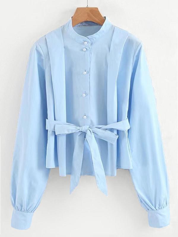 Shein Lantern Sleeve Self Tie Blouse