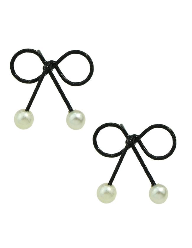 Shein Black Pearl Bow Stud Earrings