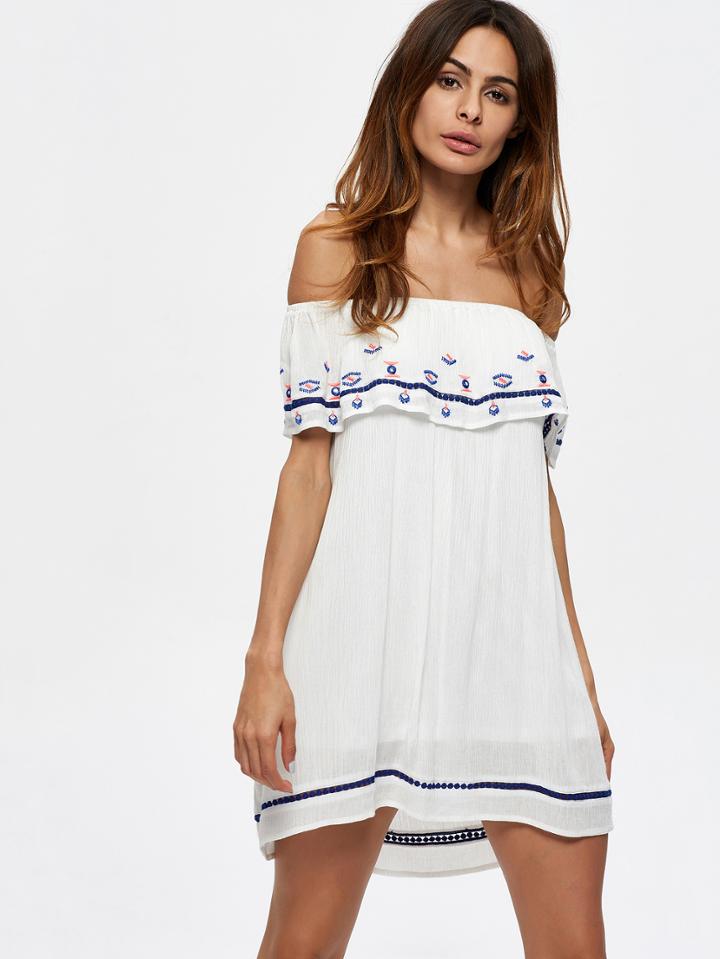 Shein Flounce Layered Neckline Embroidered Dress