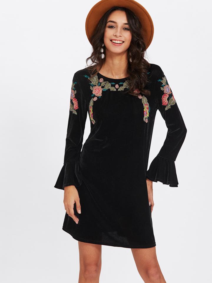 Shein Flounce Sleeve Botanical Embroidered Velvet Dress