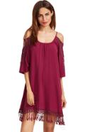 Shein Burgundy Open Shoulder Crochet Lace Sleeve Tassel Dress