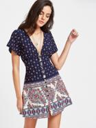 Shein Florals Deep V Neck Split Sleeve Dress