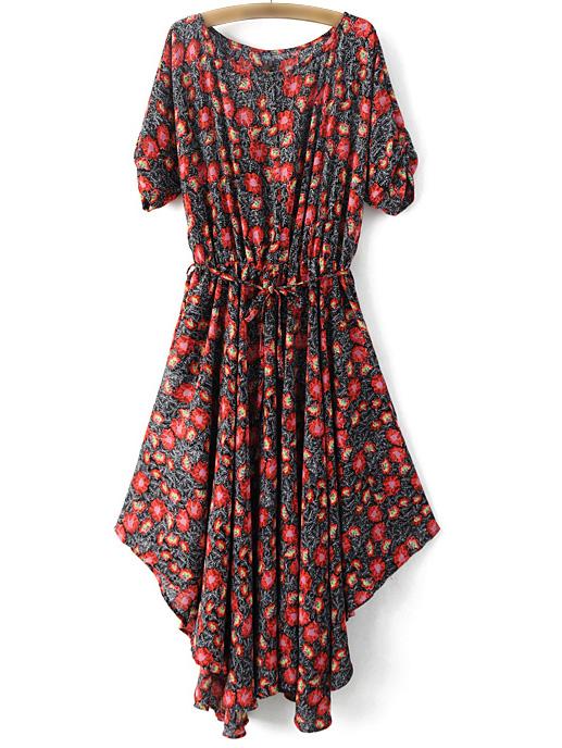 Shein Red Tie-waist Bow Irregular Hem Floral Print Dress