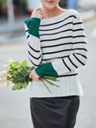 Shein White Black Striped Contrast Green Sweater