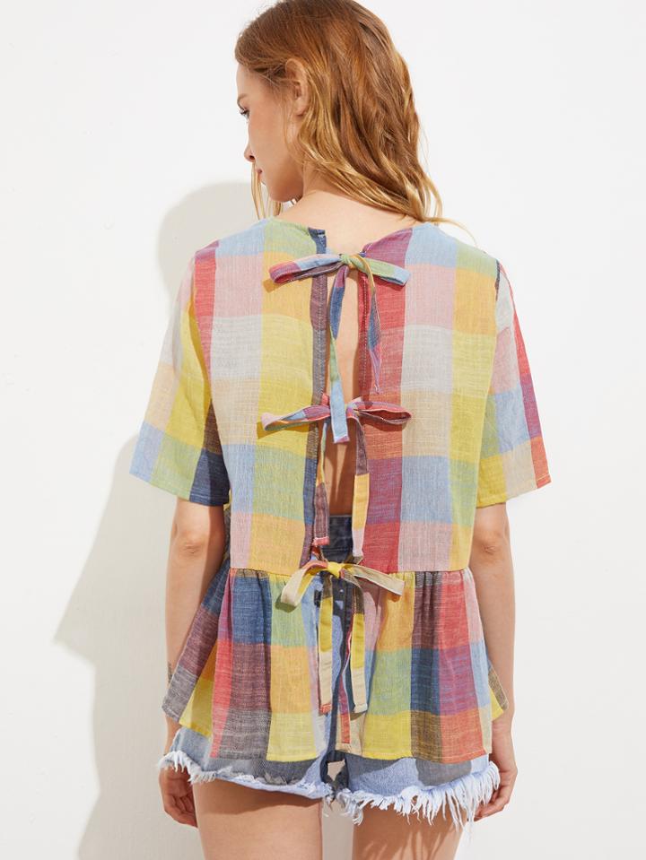Shein Multi Checkered Split Back Tie Detail Smock Blouse