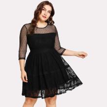 Shein Plus Dot Mesh Shoulder Lace Overlay Fit & Flare Dress