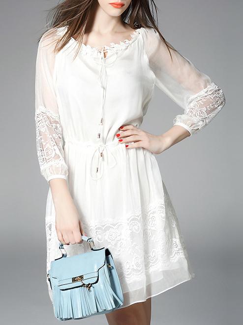 Shein White Tie Neck Contrast Gauze Drawstring Lace Dress