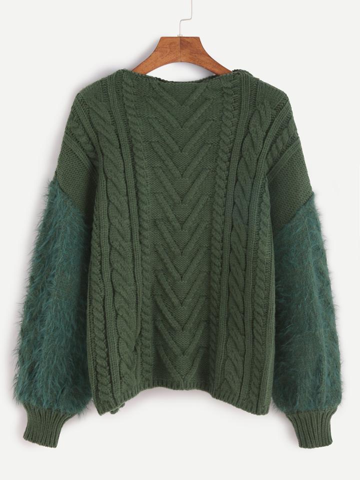 Shein Green Drop Shoulder Fuzzy Sleeve Cable Knit Sweater