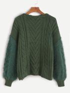 Shein Green Drop Shoulder Fuzzy Sleeve Cable Knit Sweater