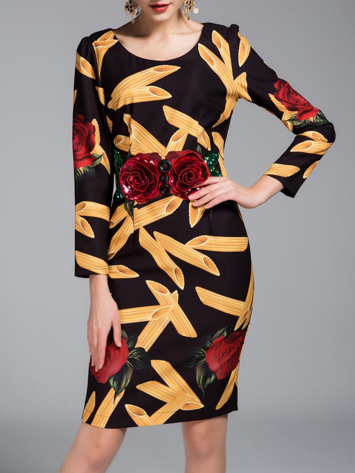 Shein Black Flowers Applique Print Dress