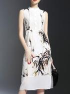 Shein White Pleated Ink Print Split Dress